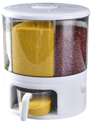 KUANGGE Grain ContainerCereal Dispenser Cereal Storage Containers Grain Dispenser 360° Rotating 6 Grid Dry Food Dispenser One-Push Rice Output Round Multigrain Tank Cup Food Dispenser