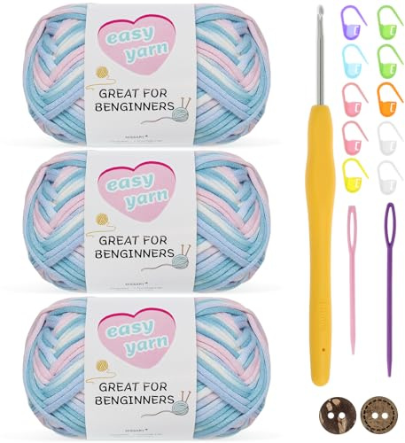 Nissary Chunky virkat garn 3-pack 50 g – bomullsgarn för nybörjare med 3,5 mm krok – tjock ull Amigurumi startkit