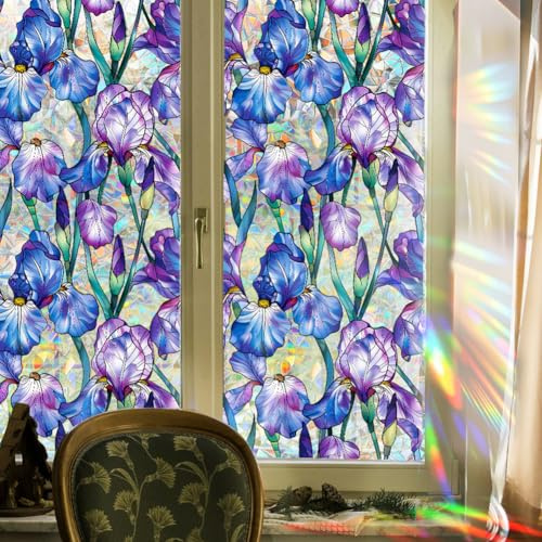 GORGECRAFT Película de Espejo Reflectante para Ventana de Arcoíris de 100x43cm con Diseño de Flores Azules Que Bloquean el Sol Calcomanías 3D Estáticas Resistentes A los Rayos UV Calcomanías