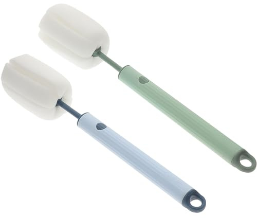 Healeved Brosse à Éponge Pour Bouteille Et Biberon 2 Pièces, Manche Long Ajustable, Éponge Haute Densité, Nettoyage à 360 Degrés, Pour Usage Domestique, Lot Vert Et Bleu