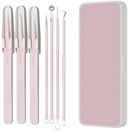 Mitesserentferner Set 7-tlg. Smbrige Pickelentferner | Pickel Ausdrücken Werkzeug für reine Haut | Blackhead Remover in Farbiger Box, Zartrosa