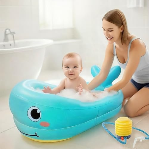 Shyllin Aufblasbare Baby-Badewanne im Wal,Kostenlose Luftpumpe,Tragbare Reise Baby Säugling Badewanne,Planschbecken Kinder,Verdicktes PVC,0-3 Jahre Baby,Für Reisen und zu Hause