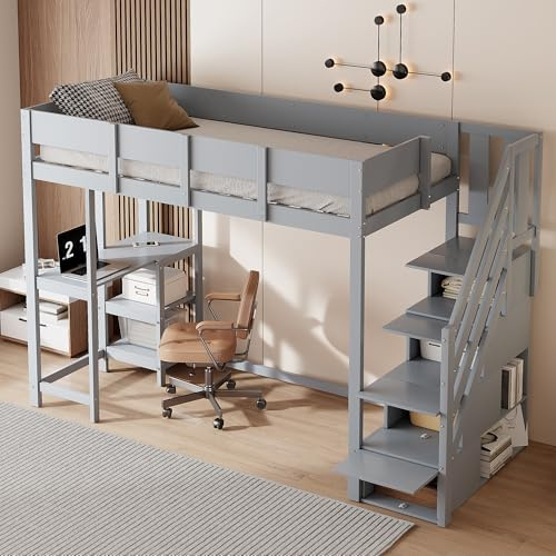 EINHOM Kinderbett 90 x 200 cm, Etagenbett mit Stauraum Hochbett und Treppe, Bettgestell aus Massivem Kiefernholz mit Lattenrost, Ohne Matratze (Grau)
