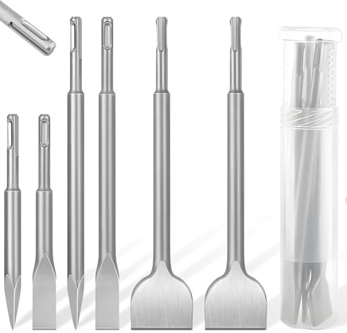 6 Piezas Juego Cinceles para SDS Plus, Cincel Plano/Afilado/Ancho Contiene, Cincel Azulejos con Caja Giratoria para Taladros, Accesorios Herramientas Eléctricas para Mampostería, Concreto
