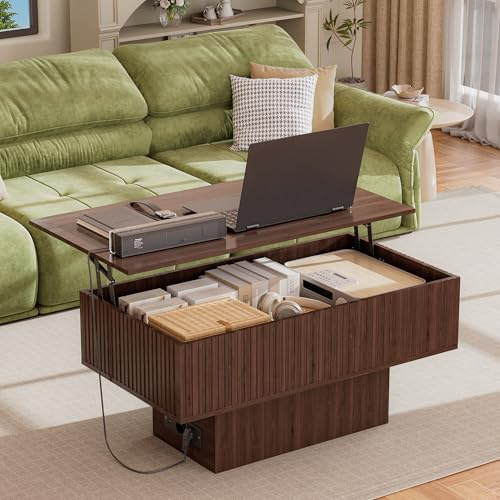 Consofa 38,2 Lift-Top-Couchtisch mit Stauraum und LED-Beleuchtung, Moderner geriffelter Massivholz-Couchtisch für Wohnzimmer, Mid-Century-Rechteckiger Holzteetisch (Braun)
