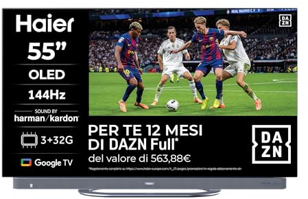 Haier OLED 4K HDR H55C95EUX 55 Smart TV, Google TV, Dolby Atmos, Suono Harman Kardon, Movimenti fluidi 144Hz, Controllo Vocale, Bluetooth 5.2, HDMI 2.1 x 4 [2025]