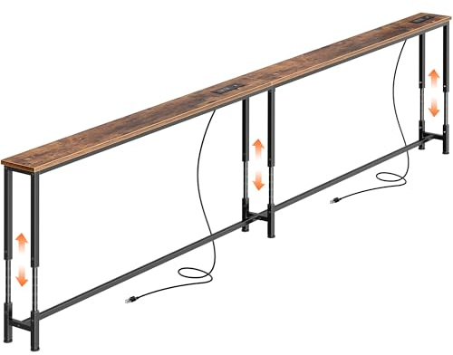 Huuger 102.4 Inch Sofa Table with Power Outlets, 23.9’’-34.4’’ Height Adjustable Range, Behind Couch Table with USB-C Ports, Sofa Tables Narrow Long, Skinny Console Table, Small Spaces, Rustic Brown