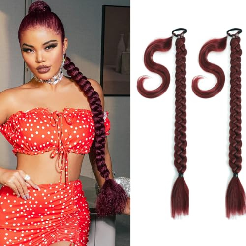 2 Pcs 24zoll Red Braid Extensions Pferdeschwanz Verlängerung mit Haargummi 61cm Lange Geflochtener Ponytail Verlängerung Natürliches Haarverlängerung Synthetisches Zopf Haarteil für Damen