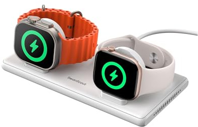 SwanScout Dubbel Laddare för Apple Watch, Trådlös Laddare för Apple Watch Ultra 3/Ultra 2/Ultra/SE/11/10/9/8/7/6/5/4/3/2, Trådlös Laddningsstation för 2 Klockor, SwanScout 507DA (Vit)