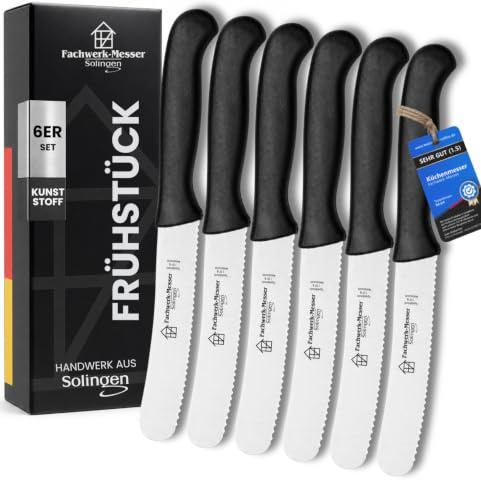 Fachwerk-Messer Buckelsmesser 6er-Set, Wellenschliff, Solinger Handarbeit | Spülmaschinengeeignete Frühstücksmesser mit rostfreier Klinge und Kunststoffgriff für Brötchen und Brotzeit