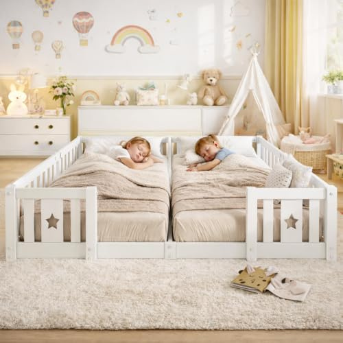 Kinderbett Bodenbett 90x200cm mit Zaun, Montessori Bett mit Rausfallschutz, Kiefern Holzbett 180x200cm für 2 Kinder,Gitterbett Doppelbett mit Lattenrost für Junge Mädchen,Weiß (Weiß mit Lattenrost)