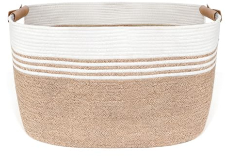Wäschekorb Geflochten 86L Wäschesammler Groß aus Baumwollseil,Aufbewahrungskorb mit Lederhenkeln,Korb für Decken, KleidungLaundry Basket für Wohnzimmer Waschraum 60 x 40 x 36 cm(Quadrat)