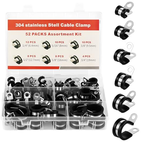 Juego de 52 abrazaderas de tubo StüCk, abrazaderas de manguera de acero inoxidable con almohadilla de goma, abrazaderas de cable negras, 6 mm, 8 mm, 10 mm, 13 mm, 16 mm, 19 mm, alicates de abrazadera