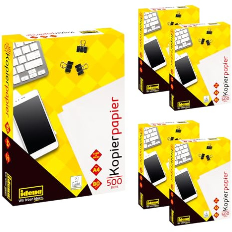 Idena 90516 - Carta da copia A4, 5 confezioni da 500 fogli 80 g/m², carta bianca per stampanti laser e a getto d'inchiostro