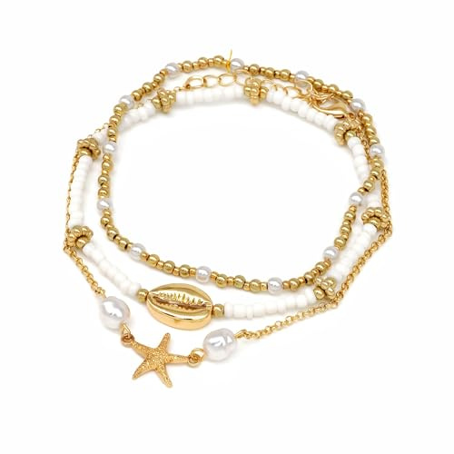 RICUHJIAJU Fußkettchen Perlen Muscheln für Damen, Fusskettchen Boho Style, Exquisit Mehrlagiges Fußkettchen Sommer, für Schmuck im Hawaiianischen Strandstil