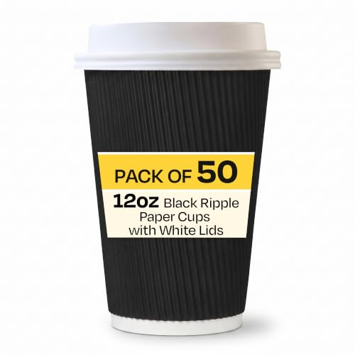 We Can Source It Ltd - 50 x 12oz Black Ripple Paper Cups with Lids - Disposable Takeaway Hot Beverage Cups for Coffee, Tea, Cappuccino - Leak Proof Insulated Serving Cups for Cafe, Restaurant & Event