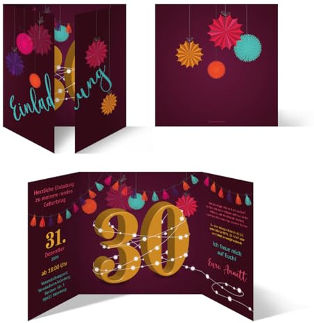 Kartenmachen.de Individuelle Geburtstagseinladungen zum 30. Geburtstag personalisierte Einladungskarten ab 10 Stück selbst gestalten Quadrat 155x155mm Altarfalz - Girlande