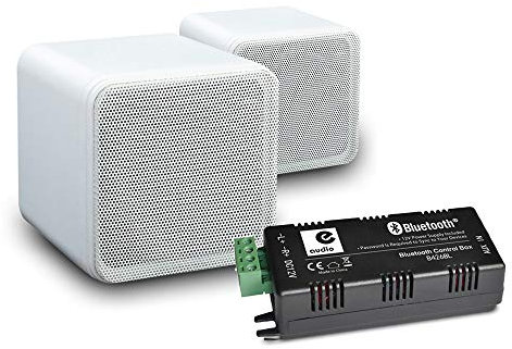 e-audio B406A Wireless Bluetooth Speaker System – 4 Inch Mini Stereo Speakers with Compact Home Audio Amplifier for Cafe, Restaurant & Home Wall Mounted Sound, White Finish (80W)