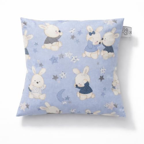 Kirschkernkissen 15x15 cm mit 2 waschbaren Hüllen | Handgemacht in Österreich | Wärmekissen & Kältekissen | Naturfüllung | 10 Designs für Babys & Kinder | (Blau, Häschen)