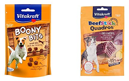 Vitakraft Hundesnack, Snack-Häppchen, Idealer Trainingssnack, Boony Bits, 6er Pack (6 x 55g) & ® Quadros® Leber&Kartoffel 70g
