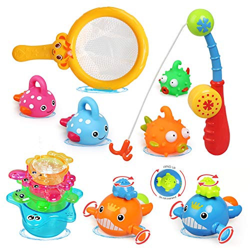 LEADSTAR Badespielzeug Baby, Badewannen Spielzeug mit Fischernetz, 2 Uhrwerk Wal,4 Stapelbecher,4 Fische und 1 Angelruten,12-teiliges Badespielzeugset,Großes Geschenk für Jungen Mädchen (12pcs-A)