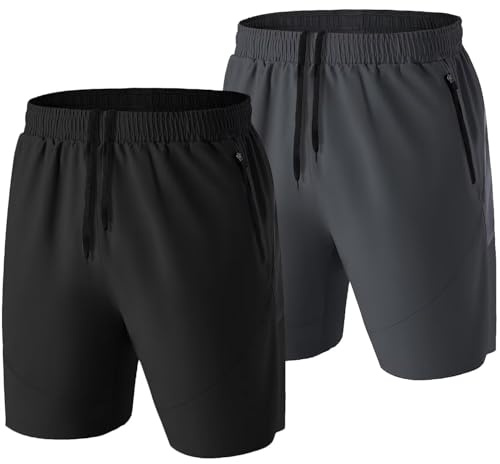 HMIYA Sportshorts för män korta byxor snabbtorkande sportbyxor lätta med dragkedja, svart/mörkgrå, L