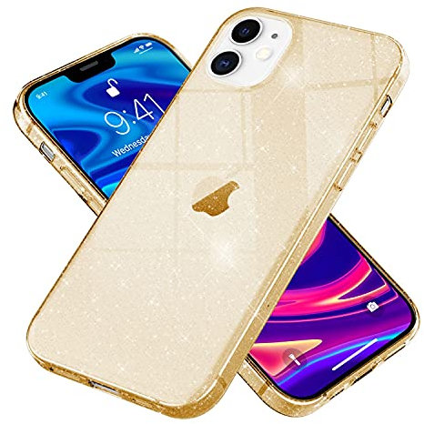 NALIA Glitter Case kompatibel mit iPhone 12 Mini Hülle, Glitzer Bling Silikon Handyhülle Cover Durchsichtig, Dünne Handy-Tasche Schutzhülle Phone Etui Diamond Bumper Soft Skin, Farbe:Gold