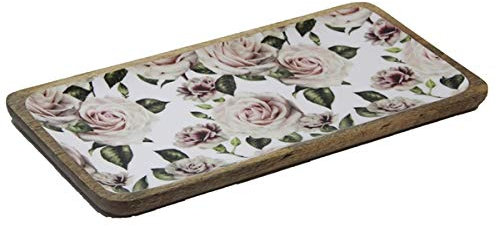 Van Deurs - Plateau de service, bol en bois de manguier avec émail, saladier - Bol 40 x 23 cm - Motif roses - Design Diamant