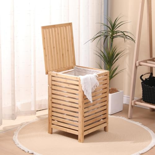 Menaka Modern Wood Laundry Hamper with Top-lift Lid, Dustproof, Multifunctional, White, 14.96 x 14.96 x 21.65 inches