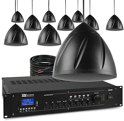 Power Dynamics Hanging Pendant Speaker PA System 10 x 5.25 Black Speakers with 4-Zone Mixer Amplifier - 100V Warehouse, Retail, Restaurant, Church, Commercial Audio Installation
