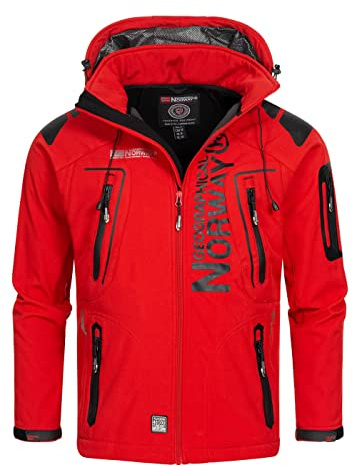 Geographical Norway Techno Men - Kapuzen-Softshelljacke Mann Wasserdicht - Outdoor Mantel Tactical Widerstandsfähig Windbreaker Jacket - Wandern Ski Herbst Winter Frühling (Schwarz Rot XL)