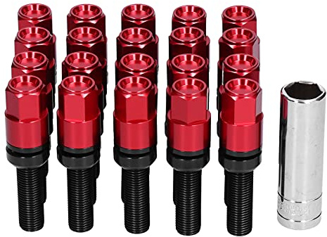 Verlängerte Radmuttern, 20 Stück, verlängerte Radschrauben aus Stahl, M14 x 1,5, Gewinde 28 mm/1,1 Zoll, mit Universalhülse für Auto (rot)