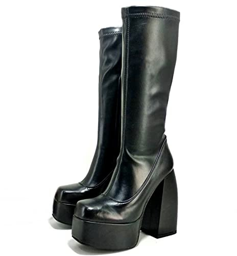 VOMIRA Black Platform Boots for Women Round Toe Chunky High Heels Side Zipper Knee High Boots Stretch Leather Boots Goth Punk Motorcycle Boots