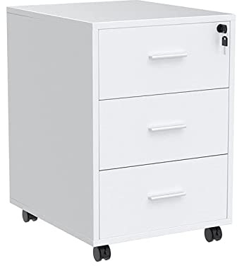 Niceme Kontorsbehållare med 3 lådor, rullbehållare under skrivbord, kontorsskåp för dokument, även som skrivarbord, mobilt arkivskåp av MDF (vitt, låsbar)