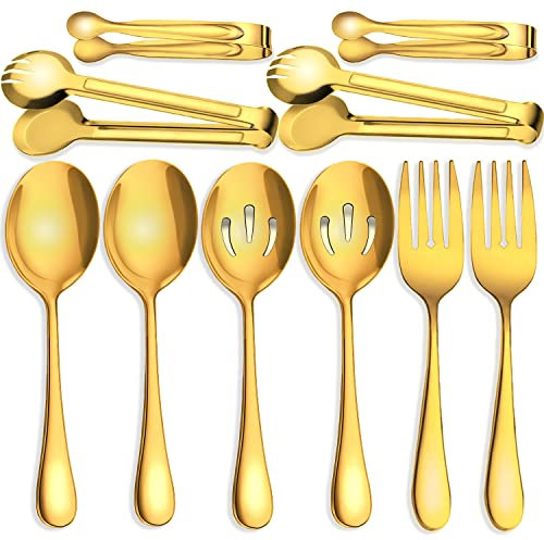 IAXSEE 10 PCS Stainless Steel Serving Utensils, Large Serving Spoons Slotted Spoons, Serving Forks, Serving Tongs, Ice Suger Tongs, Metal Utensils Set Great for Buffet Catering Banquet Party (Gold)