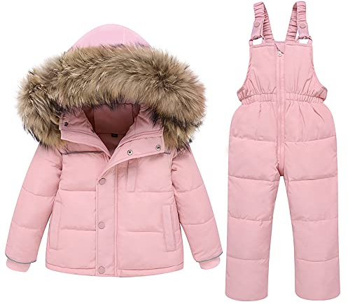 nilikastta 2-3T Toddler Girls Snowsuit Winter Clothes Baby Girl Down Jacket Kids Hooded Fur Coat + Ski Bib Pants Snow Outfits(Pink,2-3T)