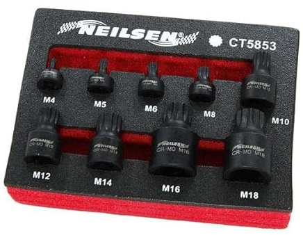 Neilsen CT5853 9pc Impact Spline Bit Set Low Profile Stubby Spline Impact Bit Socket Set 1/4in 3/8in 1/2in Drive M4–M18 Chrome-Molybdenum for Air and Electric Impact Guns