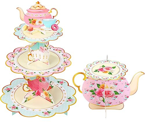 Zopeal 2 Torre per Cupcake Florale Alzata per Cupcake in Cartone a 3 Livelli per Festa Tè Porta Cupcake Principessa Supporto per Dolci Compleanno Baby Shower Bomboniere (Ora del Tè)