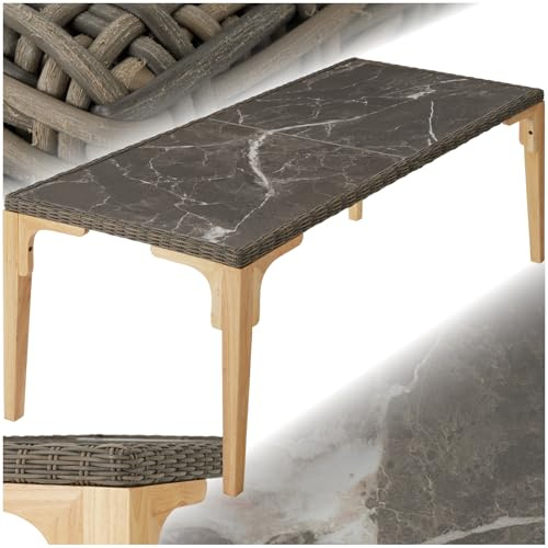 tectake® Table à Manger Extérieur en Résine Tressée & Grès cérame Fin marbré Résistante aux intempéries pour Salon de Jardin, Structure en Aluminium & Bois Massif, Mobilier de Jardin