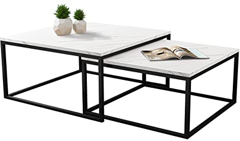 Mirjan24 Couchtisch Dakenti, Wohnzimmertische, Set Sofatische 2er Set, moderner Kaffeetisch, 2 in 1 Beistelltisch, Teetisch, Metallrahmen (Schwarz + Marmor Bianco)