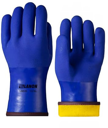 LANON PVC Waterproof Work Gloves, Heavy Duty Winter Gloves for Freezer Work, Chemical & Oil Resistant, Cashmere Lining, Non-Slip, Large