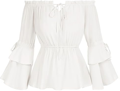 SCARLET DARKNESS Damen Gothic Wikinger Kostüm Korsett Trompetenärmel Einfarbig mit Kordelzug Carmenbluse Weiß S