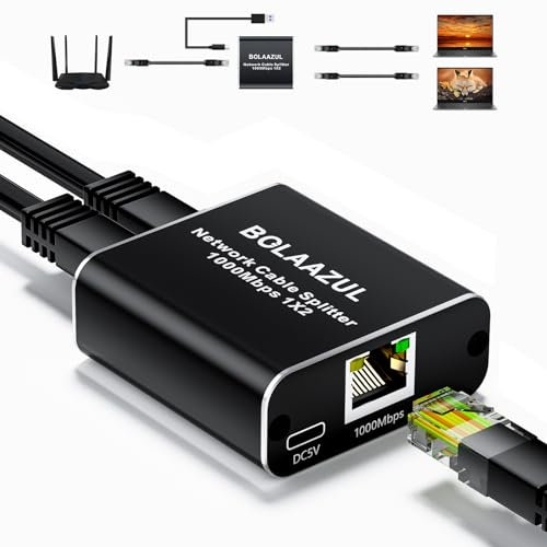 BolAAzuL LAN Splitter Switch 1 auf 2, Gigabit Ethernet Switcher 1000 Mbps 1x2- LAN/Internet Kabel Splitter mit Type-C Power Kabel- Cat5/6/7/8 Splitter 1 in 2 Out, RJ45 Netzwerk Splitter Plug & Play