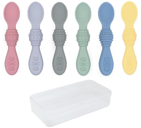 Elk and Friends Silicone Baby Spoons | Travel Case Included | First Stage Infant Toddler Spoon | Baby Led Weaning Stage | Dishwasher Safe | 6 Pieces