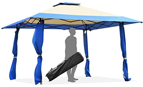 SPOTRAVEL 4 x 4M Outdoor Patio Gazebo, Pop Up Canopy Marquee Party Tent with Double Roofs and Carry Bag, Garden Pavillion Sun Shelter for Wedding & Camping Event (Blue + Beige)