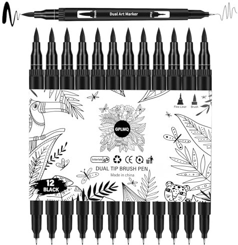 GPLMQ Schwarze Zeichnungsstifte, 12-Pack Filzspitzen-Markierungen für Erwachsene und Kinder, Dual Tip Pinsel Fineliners Stifte für Kunst Zeichnung Skizzieren