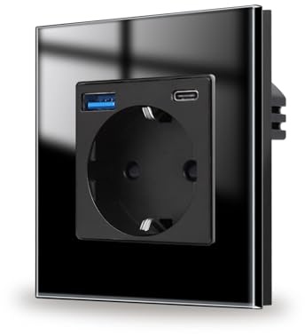 JIMEIDA Steckdose Glas mit USB 20W Schnelles Laden in Schwarz Unterputz,1 Fach 16Amp Steckdosen mit USB A und Type C,86 * 86mm,250V