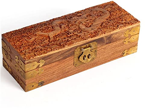 BONOOL Vintage-Schmuckschatulle mit geschnitztem Drachen aus Holz, Aufbewahrungsbox aus massivem Holz, Geschenkbox (Farbe: A, Größe: L-Code)