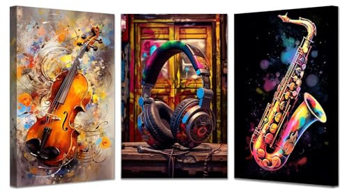 veces Abstrakte Musik Poster auf Leinwand Groß Schlafzimmer Bilder, Saxophon Abstrakte Violine Wandbild Kunstdruck Wanddeko Wohnzimmer Kunst Modern Textur für Büro - 20x30cmx3 Gerahmt
