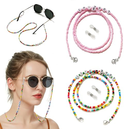 MEGAVOW 2 Piezas Cadena Gafas Mujer, Antideslizante Cordon Gafas Mujer, Cuerda Gafas, Elegante Cordón Gafas de Perlas, Correa Gafas Ajustable